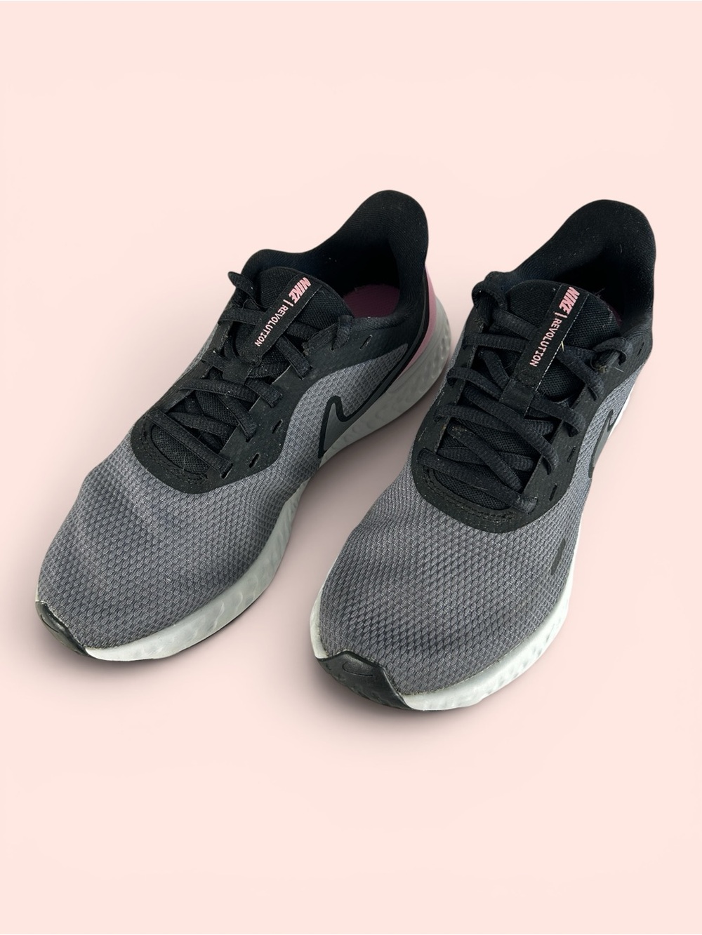 Nike Women’s Size 7.5 Gray and Black Revolution Athletic Shoes with Pink Accent